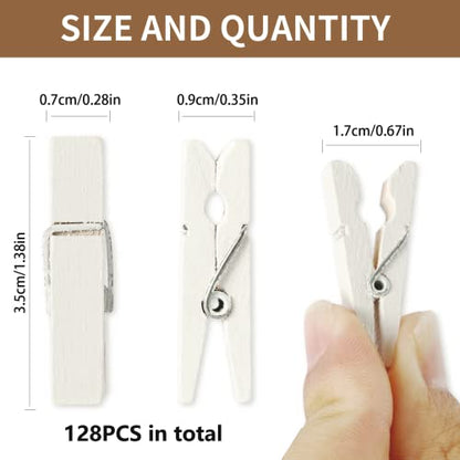 128 Pcs Mini Photo Clips, Small Wooden White Clothespins 1.4 Inch