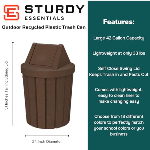 Commercial Trash Can Swing Top Lid - Outdoor Garbage Can - color: Brown Granite, size: 42 Gallon Slatted Round