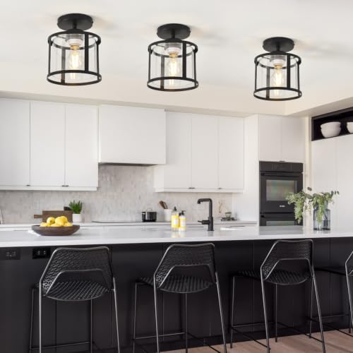Semi Flush Mount Ceiling Light, Modern Kitchen Lighting Fixtures Ceiling, Rustic Ceiling Light Fixtures, Ceiling Lights with Glass Shade for Hallway Foyer Entryway Bedroom - color: 1 Pack Iron+Clear Glass, size: 1 Pack