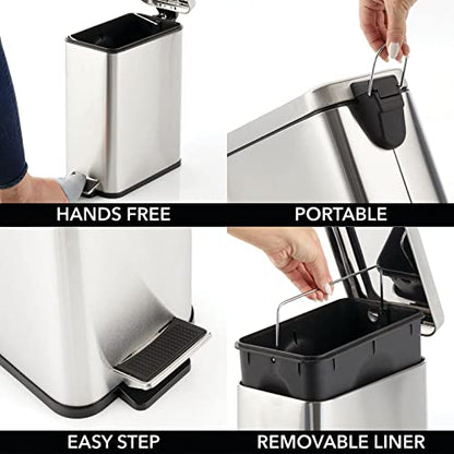 mDesign Pedal Bin — Waste Bin with Pedal, Lid and Plastic Bucket Insert for Bathroom, Kitchen, and Office — Metal Household Rubbish Bin with Ergonomic Design — Brushed Silver - color: Brushed, size: 2.6 Gallon