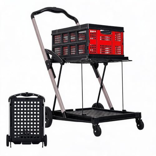 IDEALHOUSE 2-Tier Collapsible Shopping Cart 198lbs Foldable Grocery Cart - color: Red
