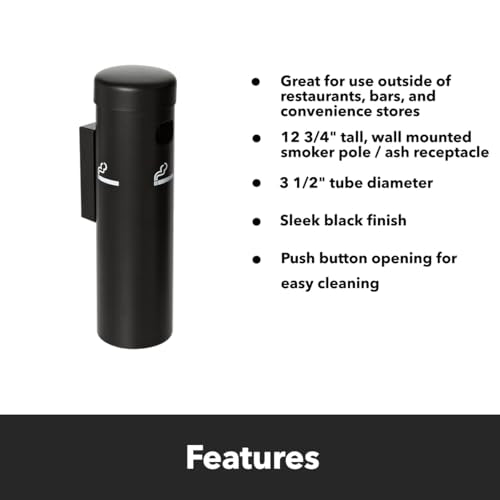 Wall-Mounted Cigarette Receptacle – 12 3/4" Outdoor Ash Disposal Tube with Push-Button Emptying – Weather-Resistant Smoker Pole for Restaurants, Bars & Convenience Stores (Black) - color: Black