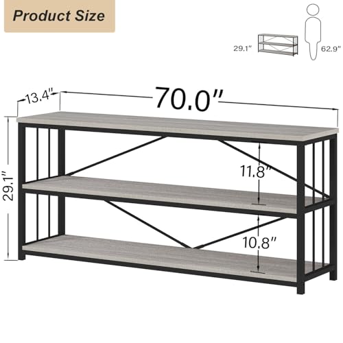 HSH Low Bookshelf, Wood Metal 3 Tier Long Horizontal Bookcase, Large Open Etagere Bookshelves with Storage for Bedroom, Farmhouse Wide Book Shelf for Home Office Living Room, Light Grey Oak, 70 Inch - color: Light Grey Oak, size: 70 Inch