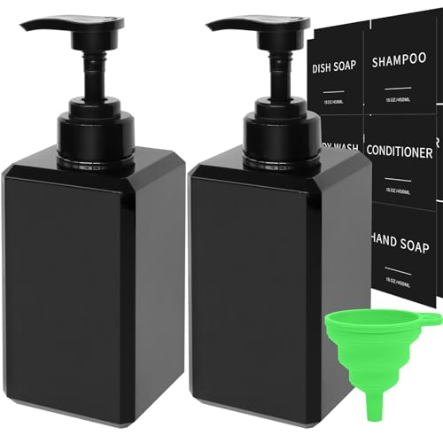 Black Soap Dispenser with Waterproof Labels, Thickened Plastic Hand Soap Dispenser for Bathroom, Kitchen Dish Washing Liquid Bottles, Shampoo and Conditioner Bottles with Funnel (15oz 2Pack Black) - color: 15oz 2 Pack Black