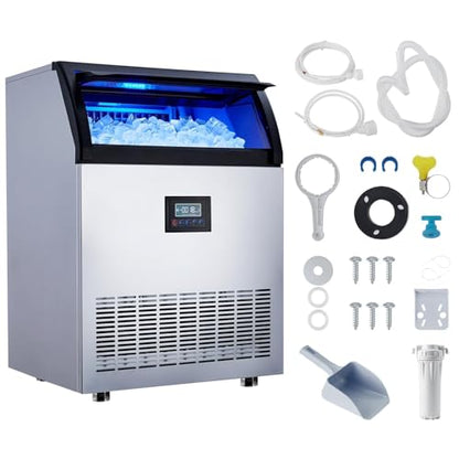 Commercial Ice Maker – 250 Lbs/24h Production, 60 Lbs Storage Bin, 50 Cubes Per 15 Minutes, Adjustable Thickness, Built-in/Freestanding, Self-Cleaning, ETL Certified – for Home, Bar, Restaurant