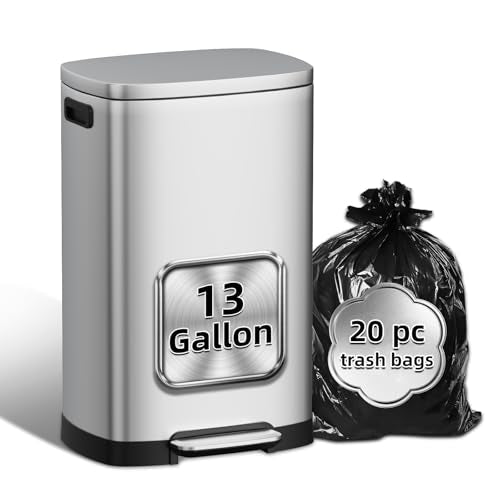 13 Gallon Stainless Steel Kitchen Trash Can, 50L, Rectangular, Soft-Close Lid, Fingerproof Finish, Hands-Free Operation, Odor Protection,Silver - color: Matte Silver