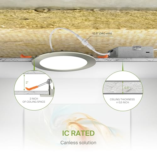 ASD 6 Pack LED Recessed Lighting 6 Inch 12W, 5 CCT 2700K-5000K CRI90+, IC Rated Ultra Thin Dimmable Ceiling Lights with J Box, Canless Wafer Downlight, Round Slim Panel Light, Energy Star ETL, Nickel - color: Nickel, size: 6 Inch 6 Pack