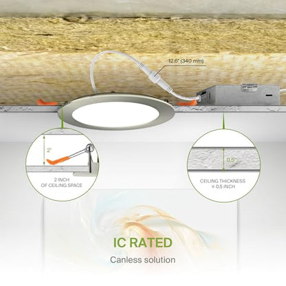 ASD 6 Pack LED Recessed Lighting 6 Inch 12W, 5 CCT 2700K-5000K CRI90+, IC Rated Ultra Thin Dimmable Ceiling Lights with J Box, Canless Wafer Downlight, Round Slim Panel Light, Energy Star ETL, Nickel - color: Nickel, size: 6 Inch 6 Pack