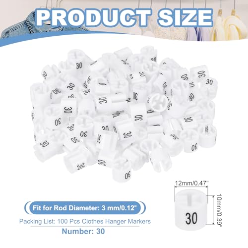 PATIKIL 100 Pcs Clothes Hanger Markers, Number 30 Tag Fit 3mm Rod Garment Size Hanger Clips Color Coding Label for Clothing Hangers, White - size: Number 30