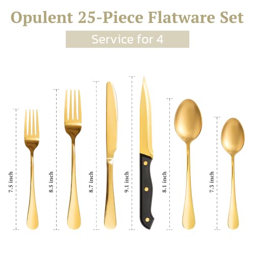 Astercook 25-Piece Gold Silverware Set with Steak Knives, Flatware Tableware Set for 4, Great Food-Grade Stainless Steel Cutlery Set, Mirror Polished Dining Utensils Set, Perfect for Home Restaurant