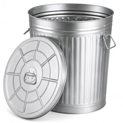 Gardenised Round Galvanized Steel 15 Gallon Trash Can with Lid and Handles Durable Metal Storage Bucket for Backyard Lawn Garden and Yard Use Weather-Resistant Garbage Can for Indoor and Outdoor - size: 15 Gallons