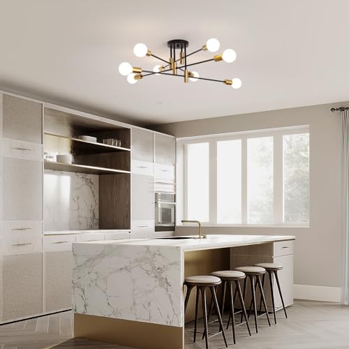 Garwarm 8-Light Black and Gold Sputnik Ceiling Light,Mid Century Semi Flush Mount Sputnik Chandelier Industrial Ceiling Lamp for Kitchen Dining Room Bedroom Foyer Entryway Hallway - color: 8-Lights,Black and Gold-2