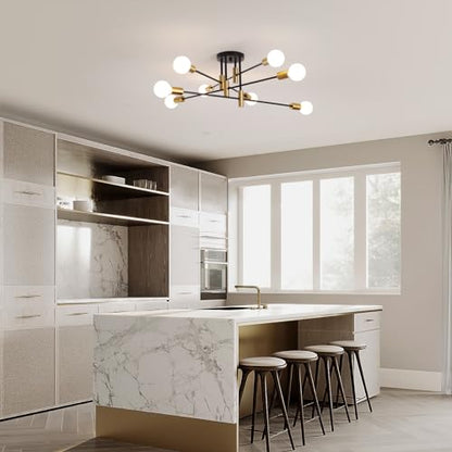Garwarm 8-Light Black and Gold Sputnik Ceiling Light,Mid Century Semi Flush Mount Sputnik Chandelier Industrial Ceiling Lamp for Kitchen Dining Room Bedroom Foyer Entryway Hallway - color: 8-Lights,Black and Gold-2