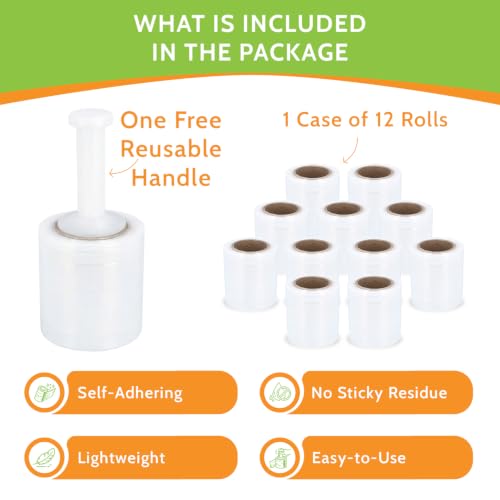 PSBM Mini Stretch Wrap with Plastic Handle, 12 Rolls 5 Inch x 600 Feet 150 Gauge Heavy Duty Clear Plastic Wrap Industrial Strength Shrink Film for Moving, Packing & Shipping - size: 5 Inch, style: 150 GA