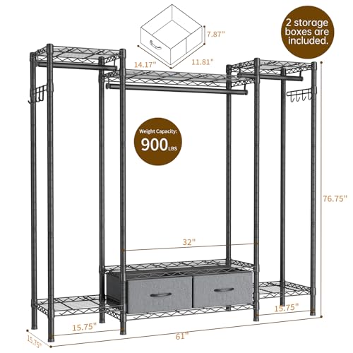 Golpart Heavy Duty Clothing Rack with Adjustable Shelves Clothes Wardrobe - color: Black, size: 15"DX61"WX74.5"H