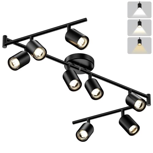 LED 8 Light Track Lighting Kit, 57.6" Black 8 Way Ceiling Spotlights Fixture, 3 CCT Adjustable, with Flexibly Rotatable Light Heads for Kitchen, Living Room, Bedroom, Includes 8 x GU10 Bulb - color: Black, size: 8