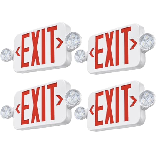 Emergency Exit Sign Lights Combo With Battery Backup, Double Sided Hardwired 6 LEDs, Adjustable Heads Red Lighting Ceiling/Wall Mount, UL Listed, AC 120/277V (4 Pack) - color: Red, size: 4 Pack