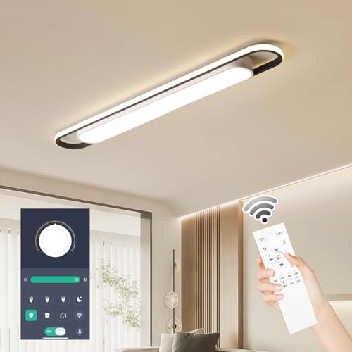 4Ft Modern Smart LED Linear Ceiling Lights Dimmable LED Ceiling Lamp with Remote Control,65W Metal/Acrylic Flush Mount Ceiling Lighting Fixtures for Kitchen Living Room Kitchen Dining Room (48") - color: Dimmable, size: 48 Inch (4 FT)