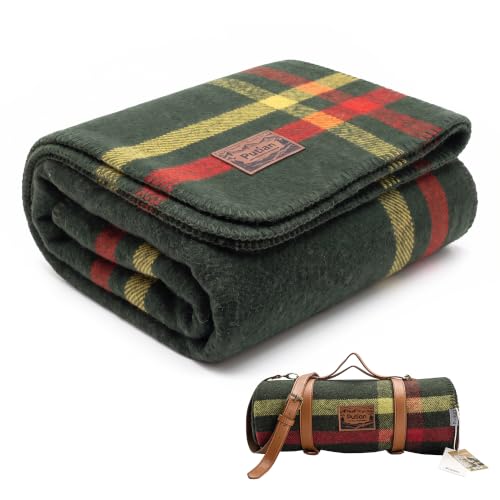 PuTian 100% Wool Blanket - Camping Outdoor Blanket, Plaid Army Green - color: Plaid Pattern Army Green, size: 63" × 87"