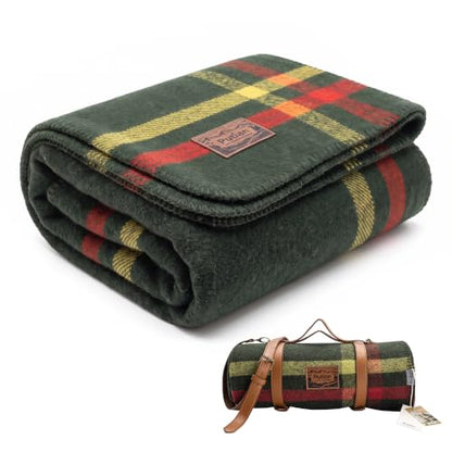 PuTian 100% Wool Blanket - Camping Outdoor Blanket, Plaid Army Green - color: Plaid Pattern Army Green, size: 63" × 87"