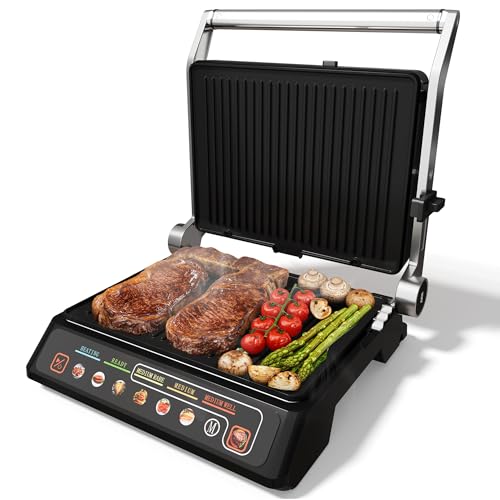 3-in-1 Indoor Grill & Griddle: 180° Flat Opening, Preset Menu, 1600W Electric Panini Press Sandwich Maker with Removable Non-stick Plates, Easy to Clean (Black, 14.25x13.4x5.9″) - size: Extra Large