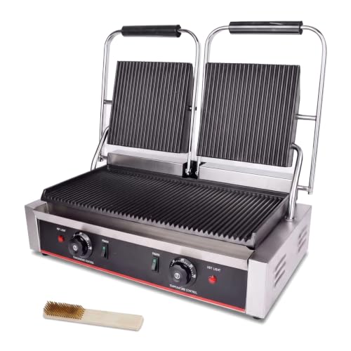 Commercial Panini Press With Grooved Grill Sandwich Maker Machine Electric Contact Grill Single (Double Grooved Top&Bottom) - style: Double Grooved Top&Bottom