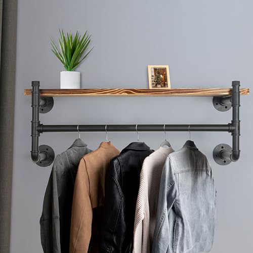 WEBI Wall Mounted Clothes Rack with Shelf,24" Industrial Pipe Clothing Rack with Shelves,Heavy Duty Iron Garment Bar,Retail Display Clothes Rod for Laundry Room,Black - color: Black, size: 24 Inch