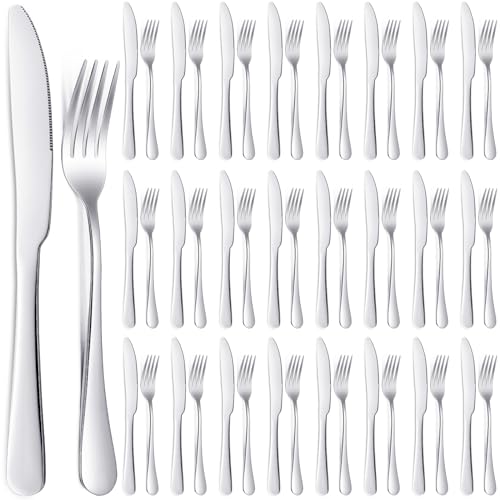 Nuenen 50 Pcs Stainless Steel Forks and Knives, Forks Silverware Set - color: Shiny Silver, size: 8.07 x 0.94 Inch, 9.06 x 0.79 Inch