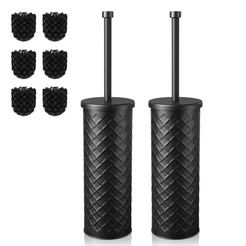 Toilet Bowl Brush and Holder Set 2 Pack with 4 Extra Brush Heads (Black) - color: Black