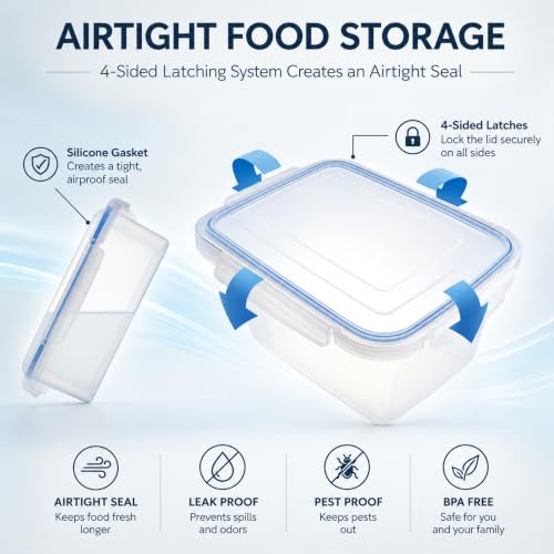 Lustroware Large Food Storage Containers with Lids, Set of 4 Airtight BPA-Free Latching Storage Bins with 4-Side Locking Lids for Rice, Flour, Pet Food and Pantry, Made in Japan