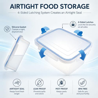 Lustroware Large Food Storage Containers with Lids, Set of 4 Airtight BPA-Free Latching Storage Bins with 4-Side Locking Lids for Rice, Flour, Pet Food and Pantry, Made in Japan