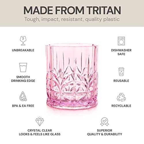 BELLAFORTE Shatterproof Tritan Plastic Short Tumbler, Set of 4, 13oz - Myrtle Beach Unbreakable Crystal Cut Old Fashioned Drinking Glasses for Whiskey - BPA Free - Dishwasher Safe - Pink - color: Pink