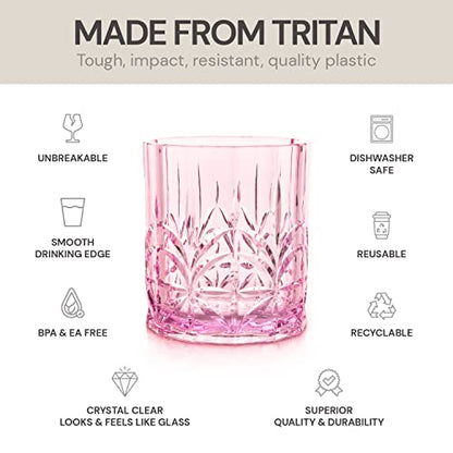 BELLAFORTE Shatterproof Tritan Plastic Short Tumbler, Set of 4, 13oz - Myrtle Beach Unbreakable Crystal Cut Old Fashioned Drinking Glasses for Whiskey - BPA Free - Dishwasher Safe - Pink - color: Pink