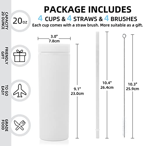 Volhoply 20oz Tumbler with Lid and Straw 8 Pack,Double Wall Plastic Skinny Tumblers Bulk,Reusable Travel Cute Coffee Mug,BPA Free Matte Acrylic Water Cups With Straw for Party,DIY Gifts(White,8 Set) - color: White
