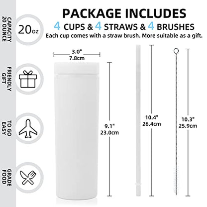 Volhoply 20oz Tumbler with Lid and Straw 8 Pack,Double Wall Plastic Skinny Tumblers Bulk,Reusable Travel Cute Coffee Mug,BPA Free Matte Acrylic Water Cups With Straw for Party,DIY Gifts(White,8 Set) - color: White