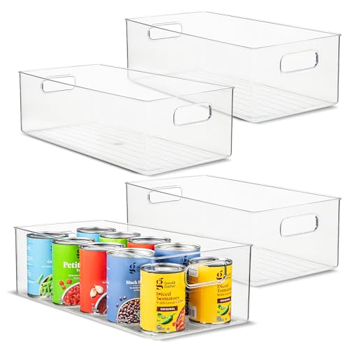 Plastic Food Storage 4 Pack Clear Container Bin with Handles for Organizing Kitchen, Pantry, Refrigerator, Freezer, Pantry, Cabinet, Closet, Bathroom. 16”x8”x5” - size: 16x8x5