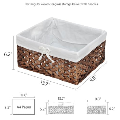 Rectangular Woven Seagrass Storage Bins with Handle,Kingwillow. (water hyacinth, Medium) - size: Medium