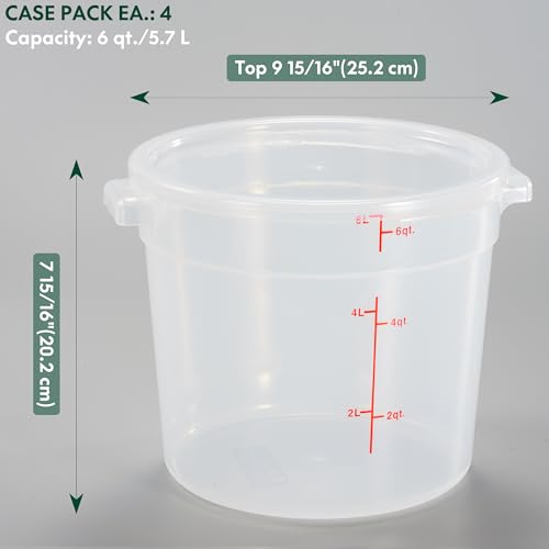 CURTA 6 Quart Translucent Round Food Storage Container with Lid, Pack of 4 – NSF Listed, BPA-Free, Commercial-Grade Polypropylene, Freezer & Dishwasher Safe, Non-Stick, Easy-Read Graduations - color: 6 qt.