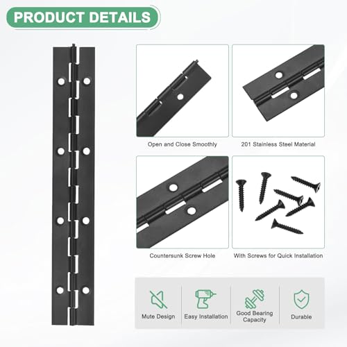 M METERXITY 2-Pack Piano Hinges, 8 Inch / 200mm Stainless Steel Continuous Piano Hinge with Holes and Screws for Cabinets Door/Storage Box [1.2X 0.04/ 30x 1mm Open Width Thick, Black] - color: Black, size: 8x1.2x0.04"