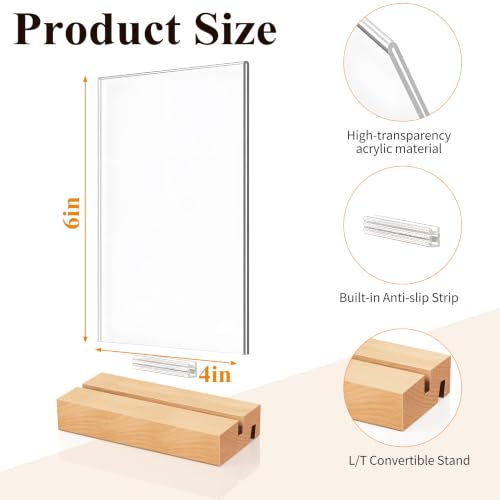 Acrylic Sign Holder with Wood Base, 4 Pack Vertical/Slant Acrylic Display - color: Natural, size: 4"x6"