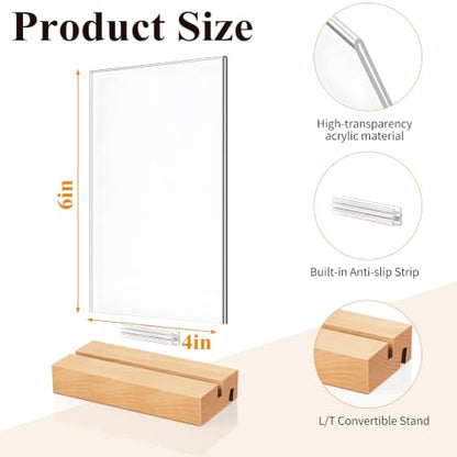 Acrylic Sign Holder with Wood Base, 4 Pack Vertical/Slant Acrylic Display - color: Natural, size: 4"x6"
