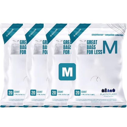 Plasticplace Trash Bags Compatible with simplehuman Code M Packs, White Drawstring Garbage Liners 12 Gallon / 45 Liter, 21" x 30.5" (20 Count/5 Pack) - color: White, size: 1 Count (Pack of 100)