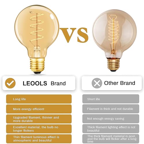 Leools Vintage LED Spiral Filament Bulb G25/G80 Dimmable Flick-Free 6W CRI95 LED Edison Globe Light Bulb E26 Base,Amber Glass,Warm White,2200K, 400LM(40W Equivalent), Pack of 4 - style: G25-4.72in