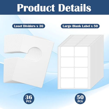 36 Pack White Clothing Rack Size Dividers with 50 Large Blank Labels, Rectangular Clothing Closet Dividers, Reusable Closet Separators for Wardrobe Organization