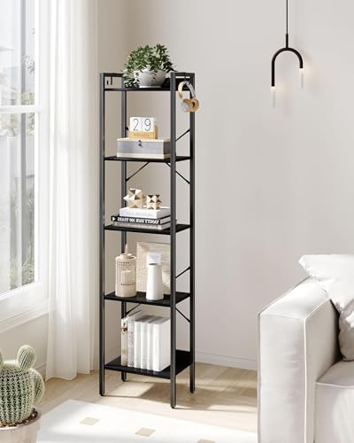 Hzuaneri Bookshelf, Book Shelf, Industrial Bookcase with 2 Hooks - color: Black, size: 9.4"D x 15.7"W x 63"H