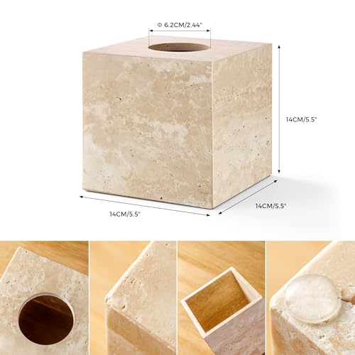 Natural Travertine Marble Tissue Box Holder Cover, Square Cube Tissue Box Holder with Open Bottom for Bathroom Vanity Tops, Bedroom Dressers, Kitchen Countertop, Travertine Beige(NS022) - color: Beige