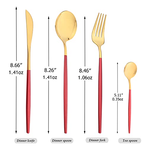 Mirror Cutlery Serving Set, 24-piece 18/0 Stainless Steel Silverware With Red Handle Simple & Modern Tableware For Home Party Restaurant Christmas Dinner, Service For 6 (Red Gold) - color: Red gold