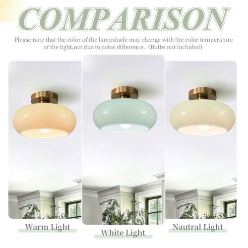 Mid Century Ceiling Light Fixture - Milk Glass Shade, Gold Modern Flush Mount Lamp for Hallway, Dining Room, Kitchen - color: Flush-Milk Green