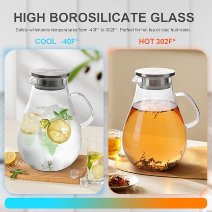 Glass Water Pitcher with Lid, 67oz / 2L Heat-Resistant Jug for Iced Tea, Juice, Coffee, and Daily Use - size: 67.6 Ounces