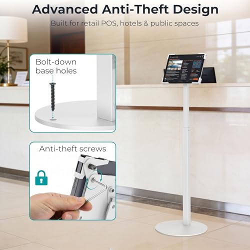 Anti-Theft iPad Kiosk Stand, Adjustable Tablet Floor Stand for POS Checkout - color: White